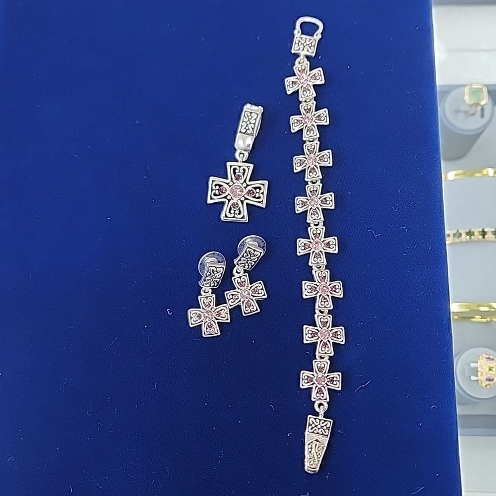 Premier Designs Marissa Pink Crystal Silver-tone Earrings Bracelet & Pendant Set